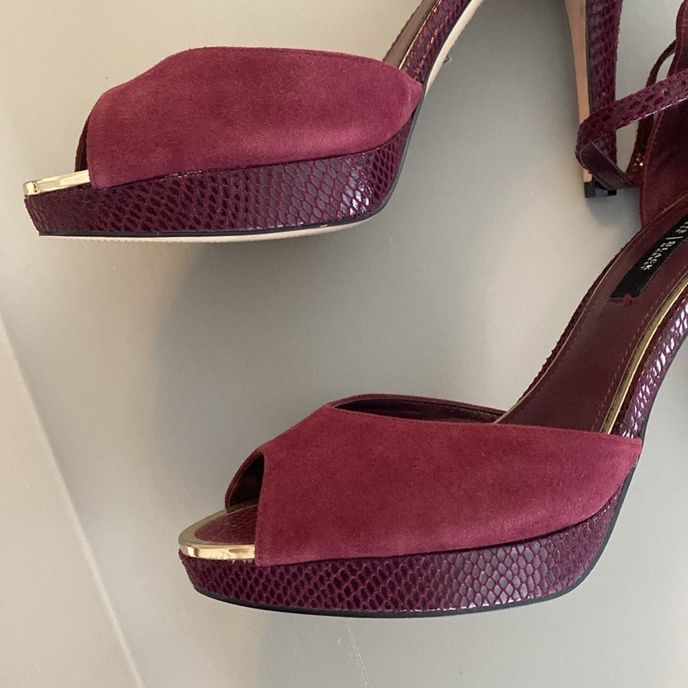NEW White House Black Market dark cherry faux suede and snake platform heels - Picture 2 of 8